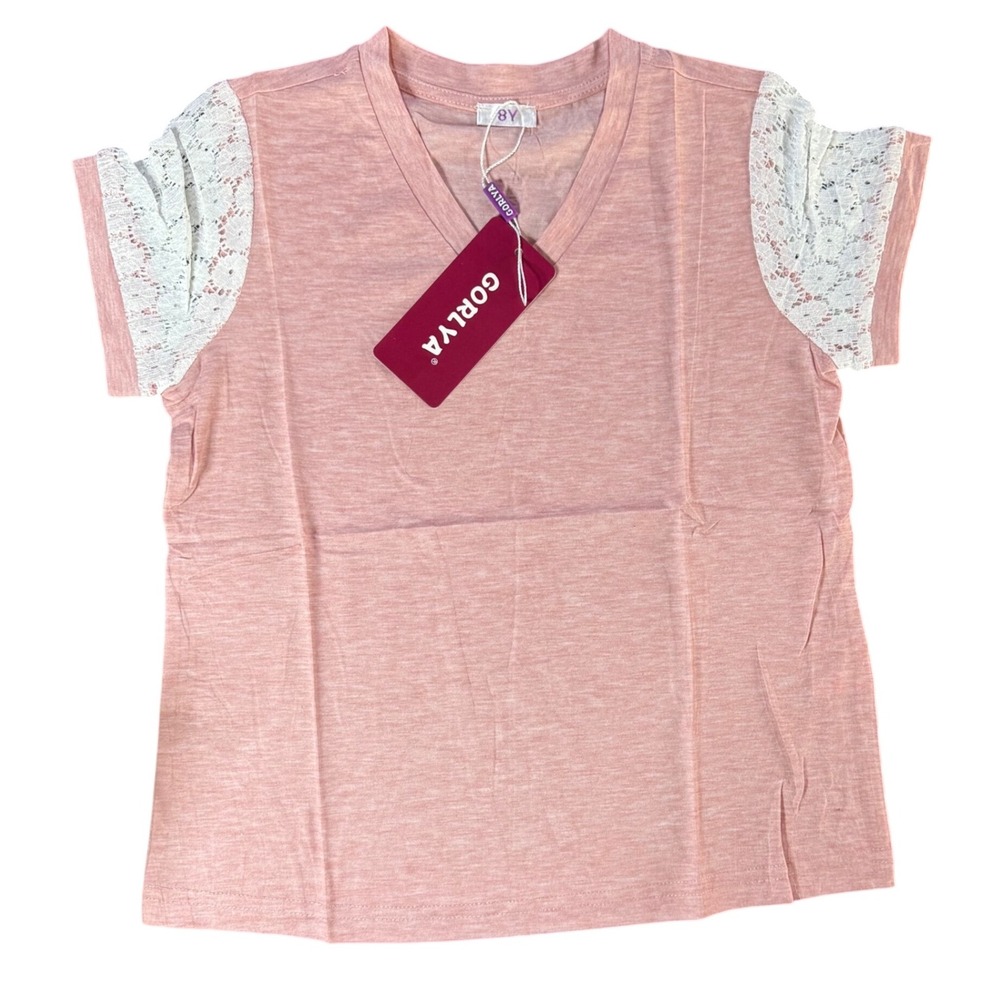 GORLYA Girls Pink Lace‎ Sleeve V Neck T Shirt Top Kids Size 8Y
